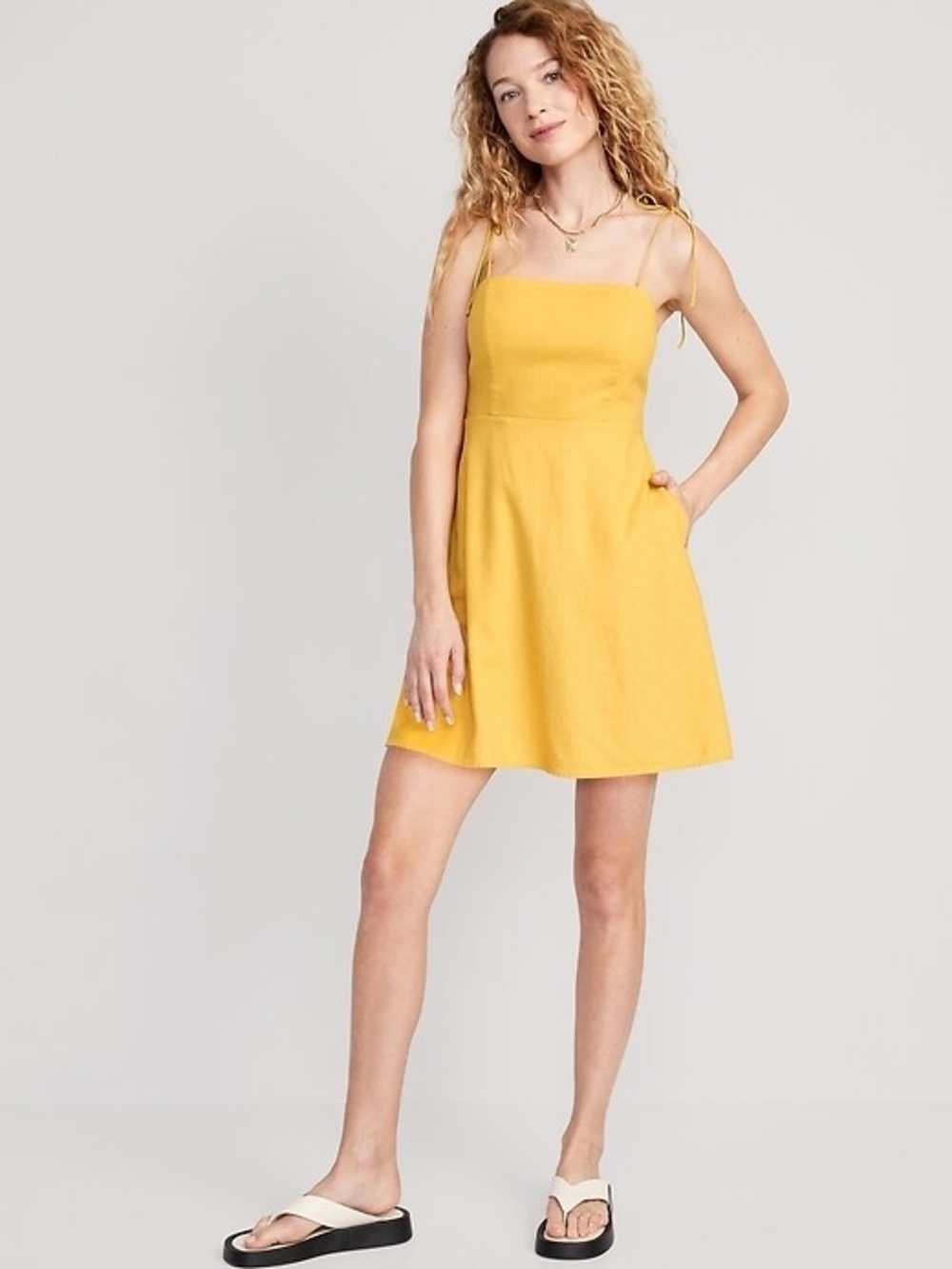 Old Navy Sleeveless Yellow Mini Dress Linen Blend Tie Straps w/ Pockets- XL